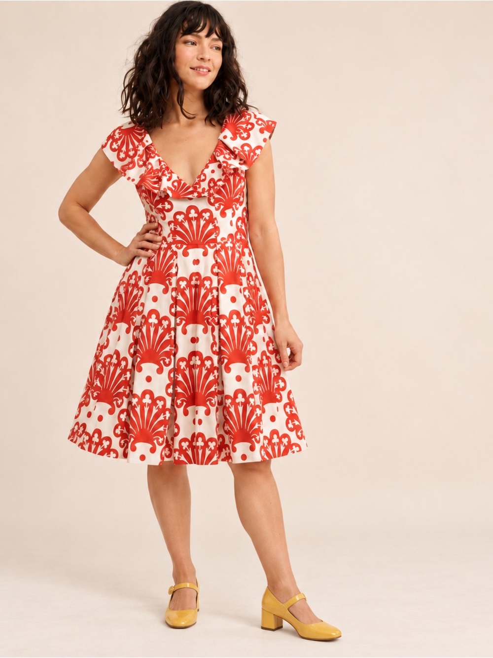 Milly of New York Silk Ruffle Fit & Flare Dress Red Cream Retro Size 10